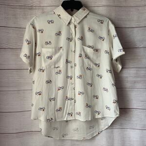 Rae Dunn Women's Linen Bicycle Pattern Button Up Shirt Short Sleeve Collar Large